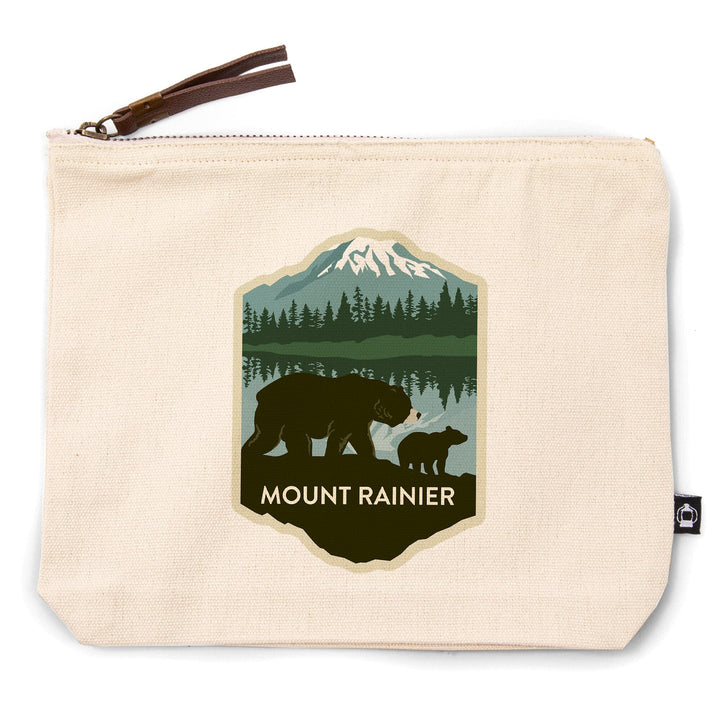 Mount Rainier National Park, Washington, Bears, Vector,, Organic Cotton Zipper Pouch, Go Bag Go Bag Lantern Press 
