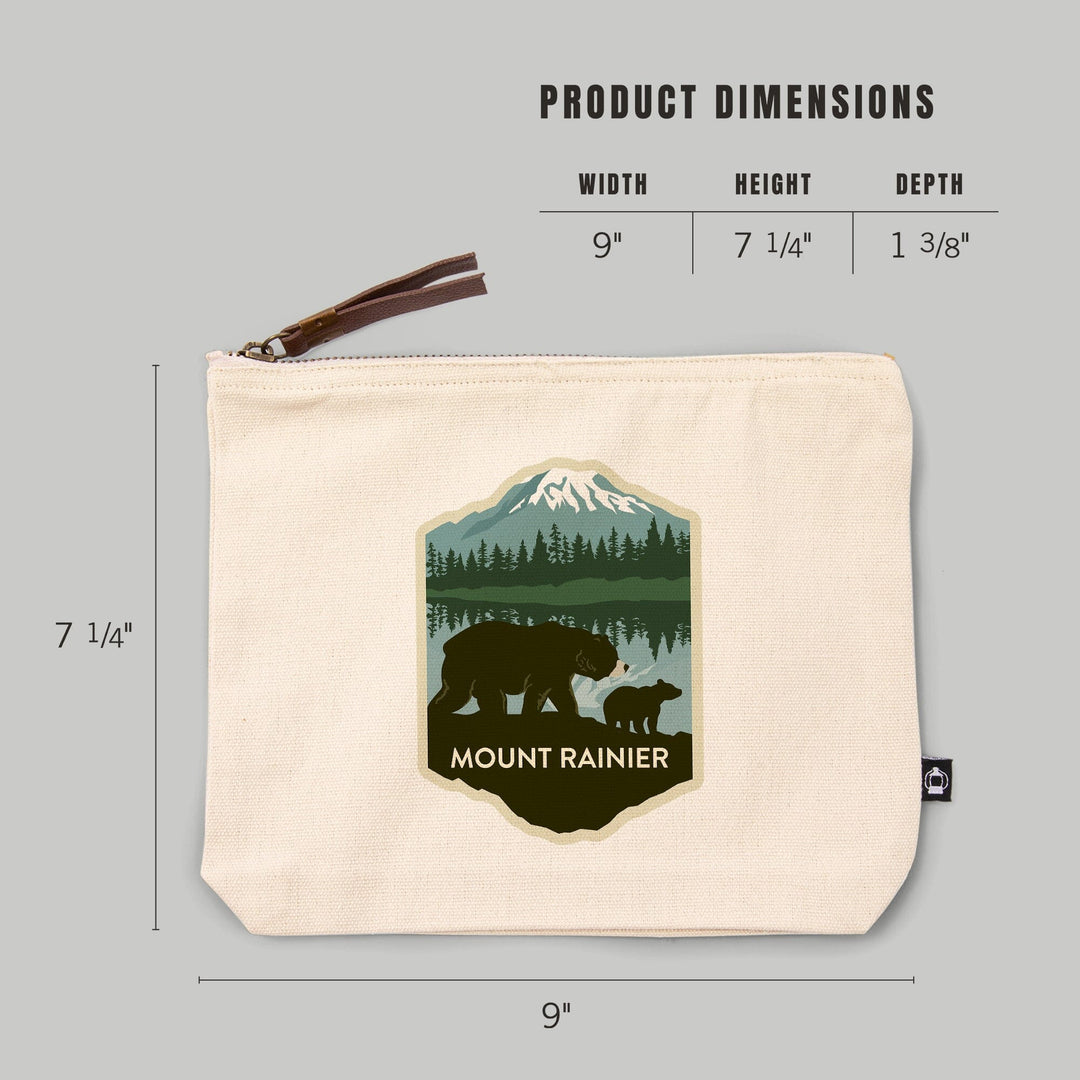Mount Rainier National Park, Washington, Bears, Vector,, Organic Cotton Zipper Pouch, Go Bag Go Bag Lantern Press 