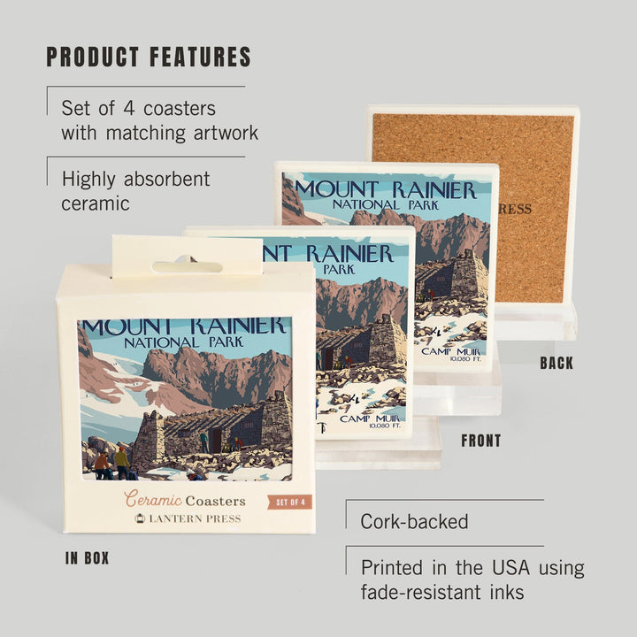 Mount Rainier National Park, Washington, Camp Muir & Climbers, Lantern Press Artwork, Coaster Set Coasters Lantern Press 