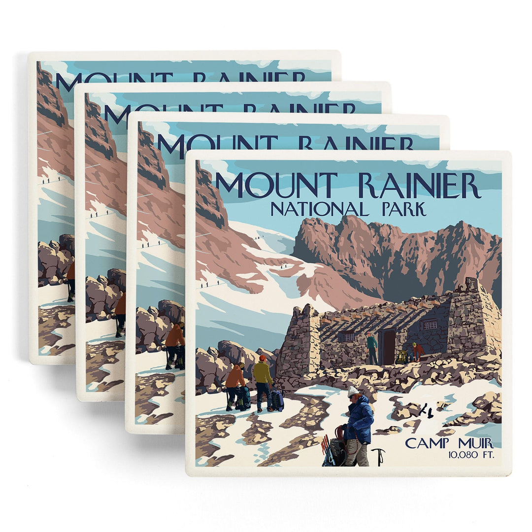 Mount Rainier National Park, Washington, Camp Muir & Climbers, Lantern Press Artwork, Coaster Set Coasters Lantern Press 