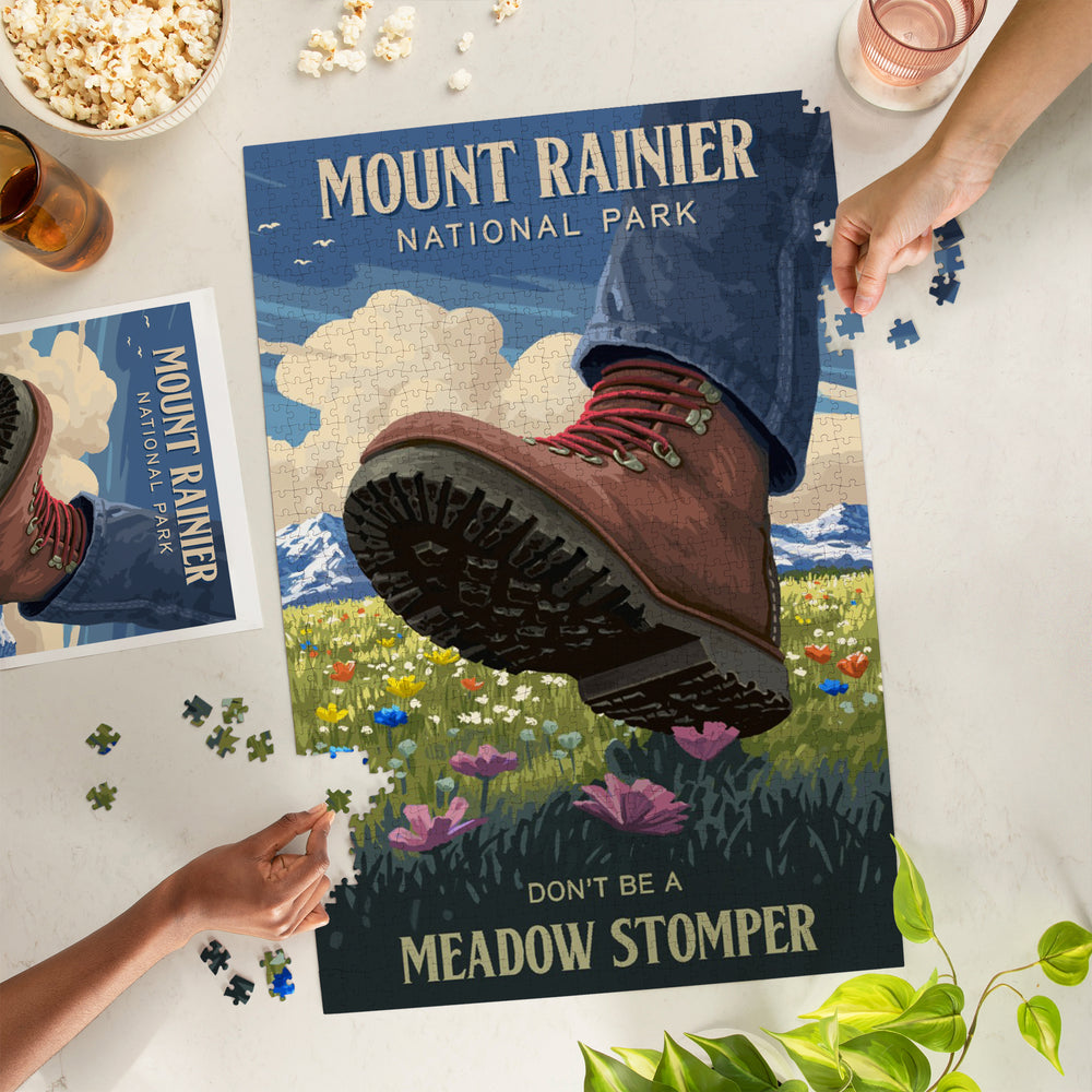 Mount Rainier National Park, Washington, Don't be a Meadow Stomper, Painterly, Jigsaw Puzzle Puzzle Lantern Press 