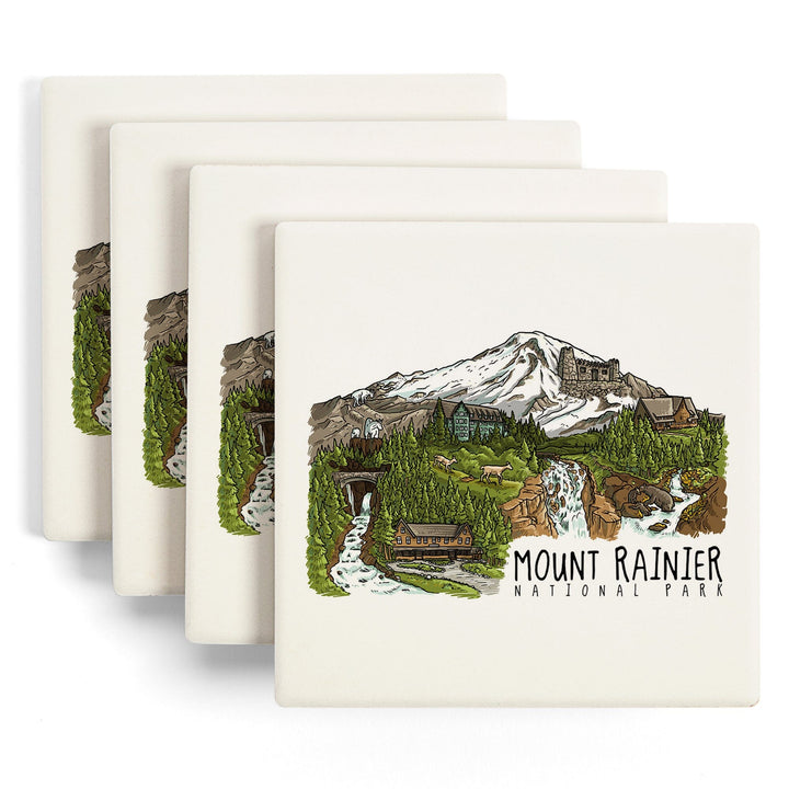 Mount Rainier National Park, Washington, Line Drawing, Waterfalls, Coasters Coasters Lantern Press 