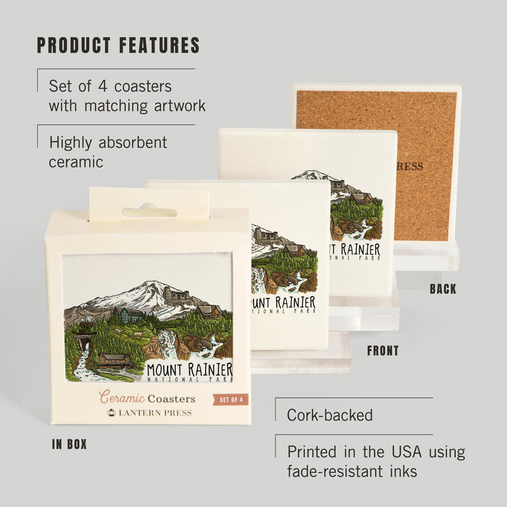 Mount Rainier National Park, Washington, Line Drawing, Waterfalls, Coasters Coasters Lantern Press 