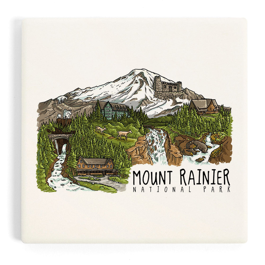 Mount Rainier National Park, Washington, Line Drawing, Waterfalls, Coasters Coasters Lantern Press 