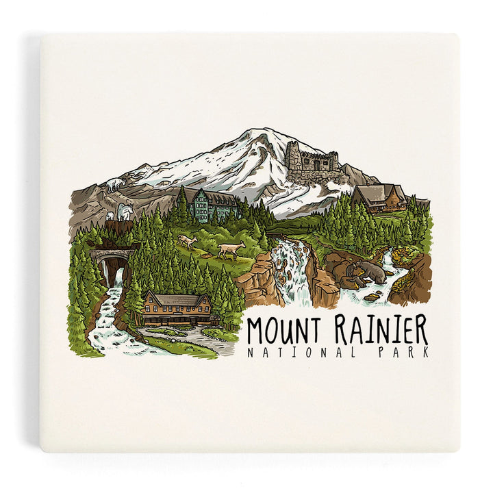 Mount Rainier National Park, Washington, Line Drawing, Waterfalls, Coasters Coasters Lantern Press 