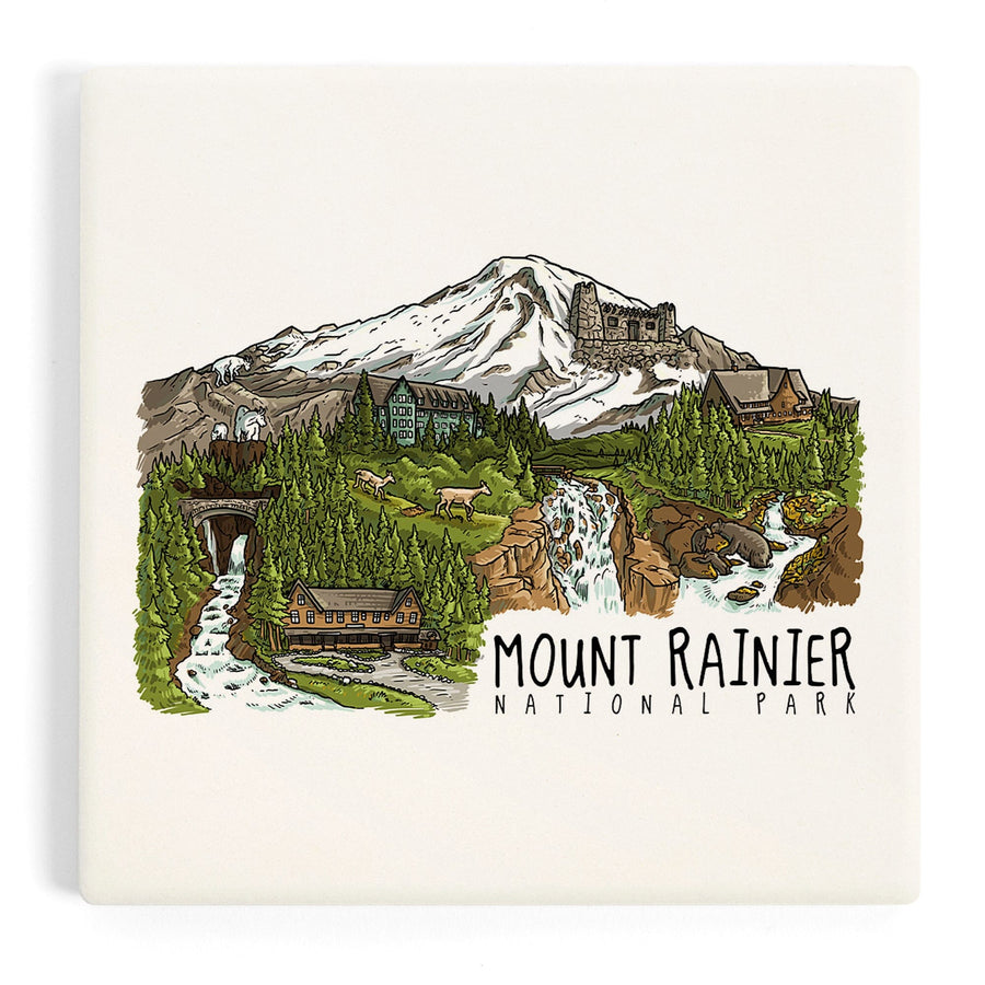 Mount Rainier National Park, Washington, Line Drawing, Waterfalls, Coasters Coasters Lantern Press 