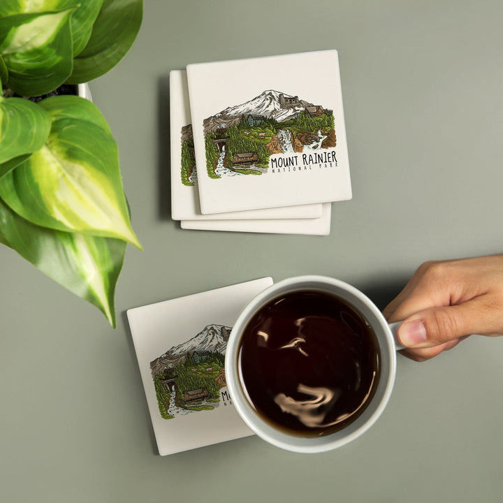 Mount Rainier National Park, Washington, Line Drawing, Waterfalls, Coasters Coasters Lantern Press 
