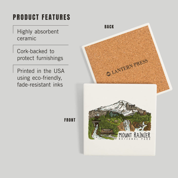 Mount Rainier National Park, Washington, Line Drawing, Waterfalls, Coasters Coasters Lantern Press 