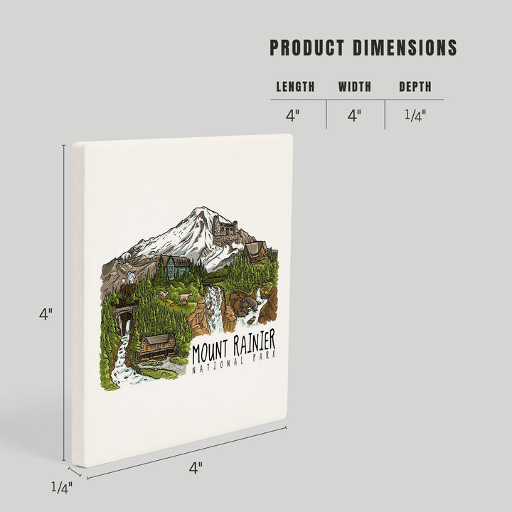 Mount Rainier National Park, Washington, Line Drawing, Waterfalls, Coasters Coasters Lantern Press 