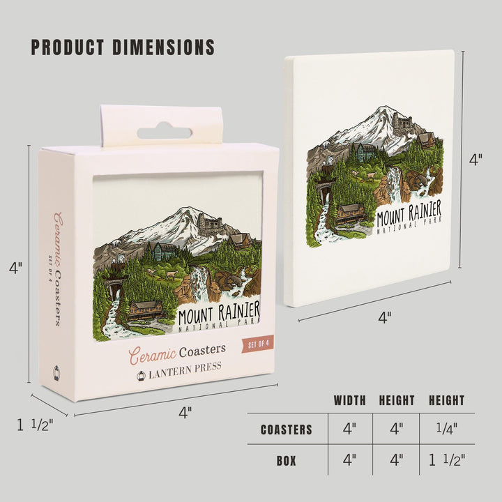 Mount Rainier National Park, Washington, Line Drawing, Waterfalls, Coasters Coasters Lantern Press 