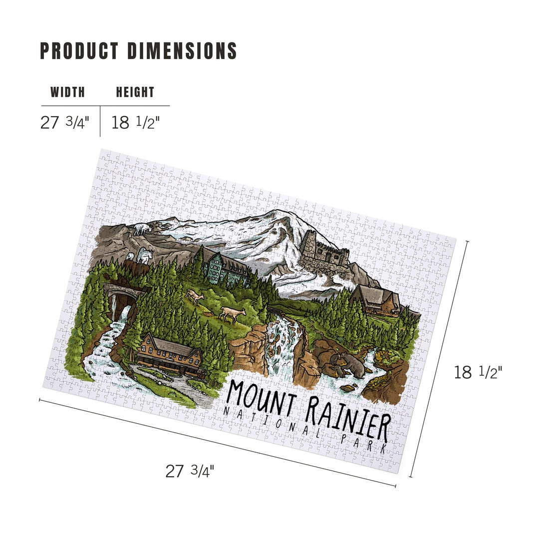 Mount Rainier National Park, Washington, Line Drawing, Waterfalls, Jigsaw Puzzle Puzzle Lantern Press 