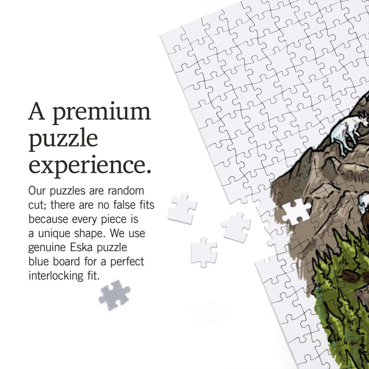 Mount Rainier National Park, Washington, Line Drawing, Waterfalls, Jigsaw Puzzle Puzzle Lantern Press 