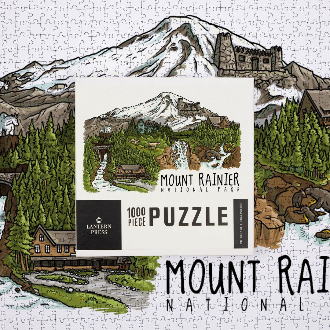Mount Rainier National Park, Washington, Line Drawing, Waterfalls, Jigsaw Puzzle Puzzle Lantern Press 