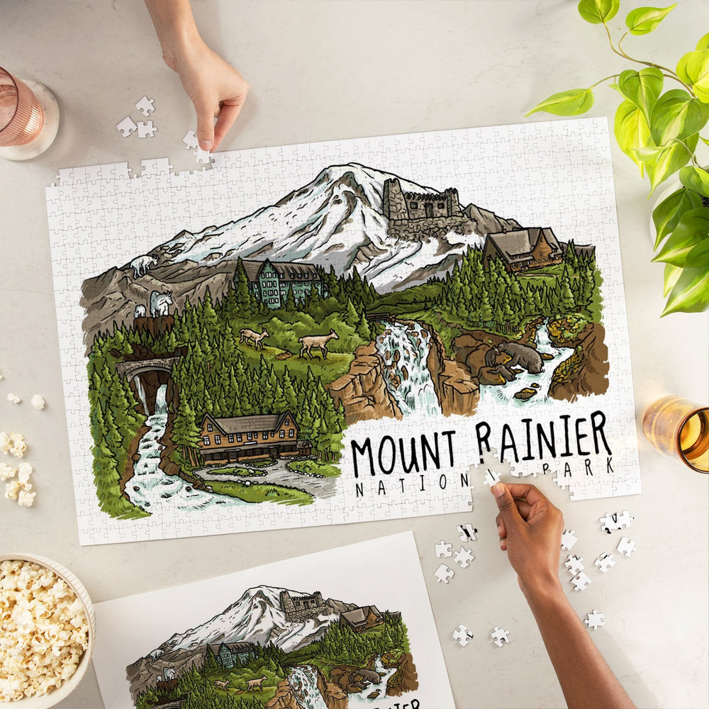 Mount Rainier National Park, Washington, Line Drawing, Waterfalls, Jigsaw Puzzle Puzzle Lantern Press 