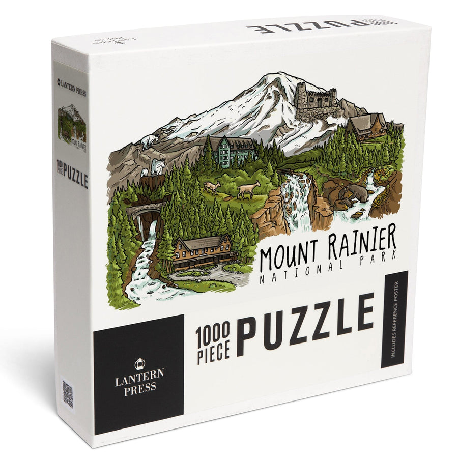 Mount Rainier National Park, Washington, Line Drawing, Waterfalls, Jigsaw Puzzle Puzzle Lantern Press 