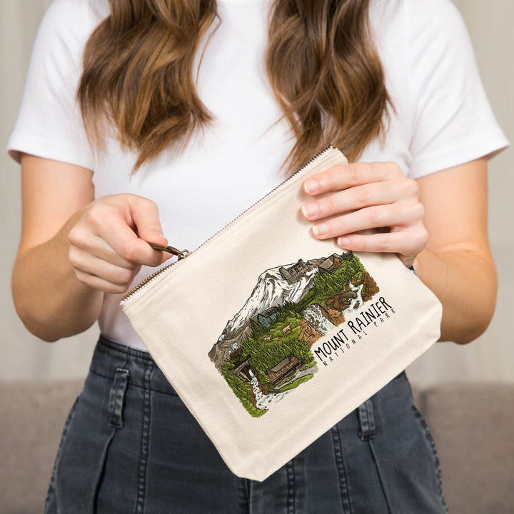 Mount Rainier National Park, Washington, Line Drawing, Waterfalls,, Organic Cotton Zipper Pouch, Go Bag Go Bag Lantern Press 