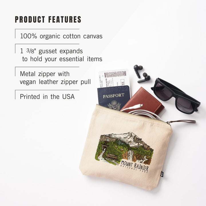 Mount Rainier National Park, Washington, Line Drawing, Waterfalls,, Organic Cotton Zipper Pouch, Go Bag Go Bag Lantern Press 