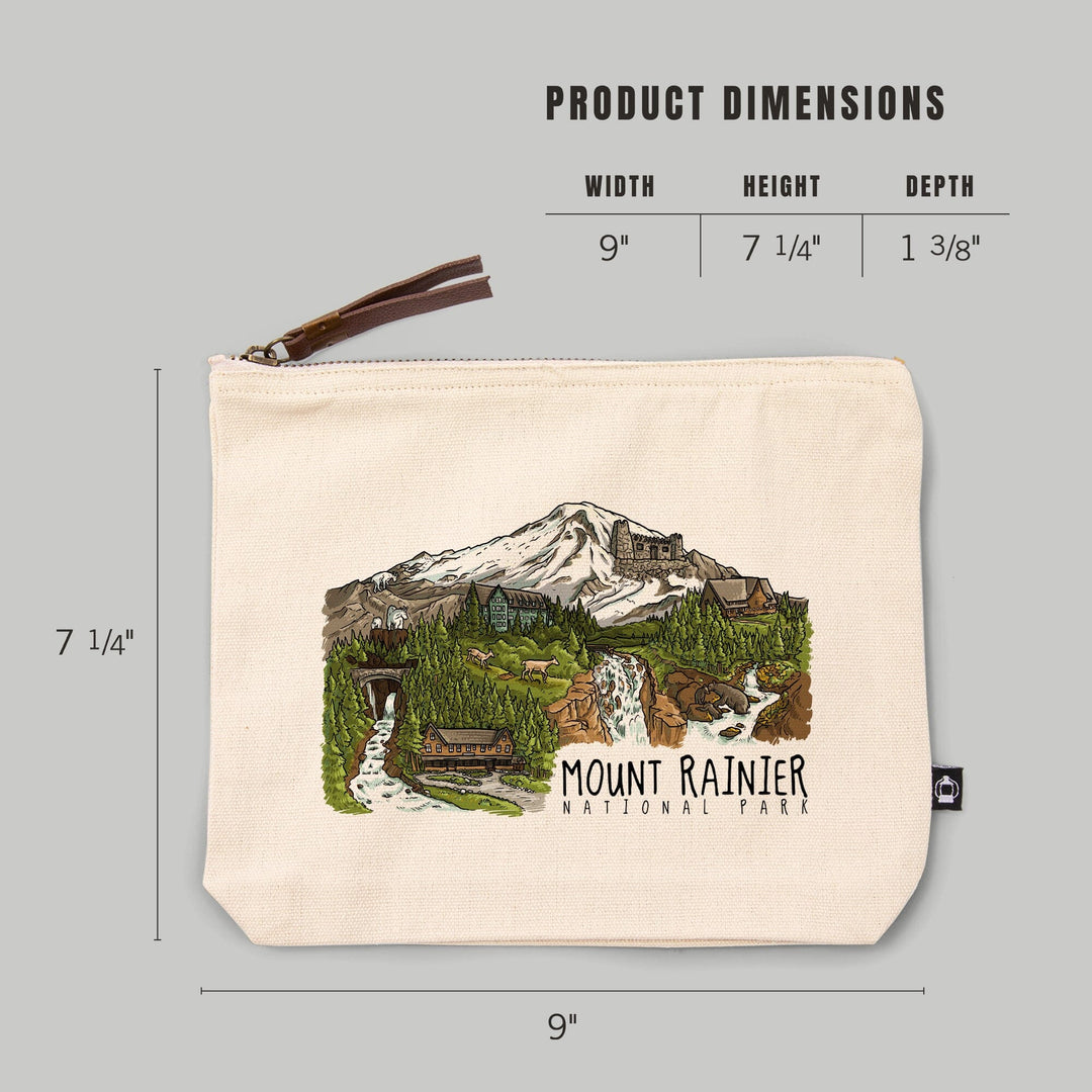 Mount Rainier National Park, Washington, Line Drawing, Waterfalls,, Organic Cotton Zipper Pouch, Go Bag Go Bag Lantern Press 