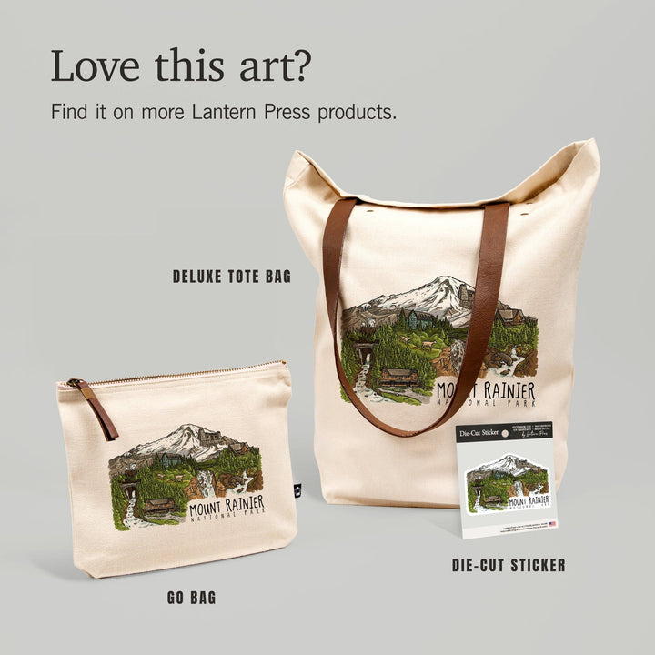 Mount Rainier National Park, Washington, Line Drawing, Waterfalls,, Organic Cotton Zipper Pouch, Go Bag Go Bag Lantern Press 