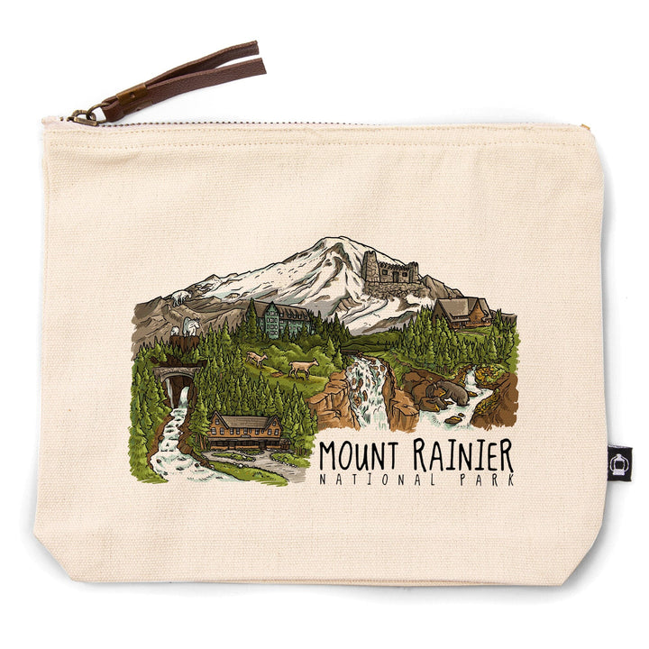 Mount Rainier National Park, Washington, Line Drawing, Waterfalls,, Organic Cotton Zipper Pouch, Go Bag Go Bag Lantern Press 