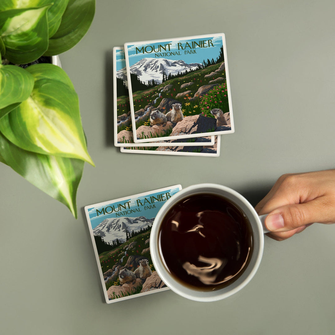 Mount Rainier National Park, Washington, Meadow and Marmots, Coasters Coasters Lantern Press 