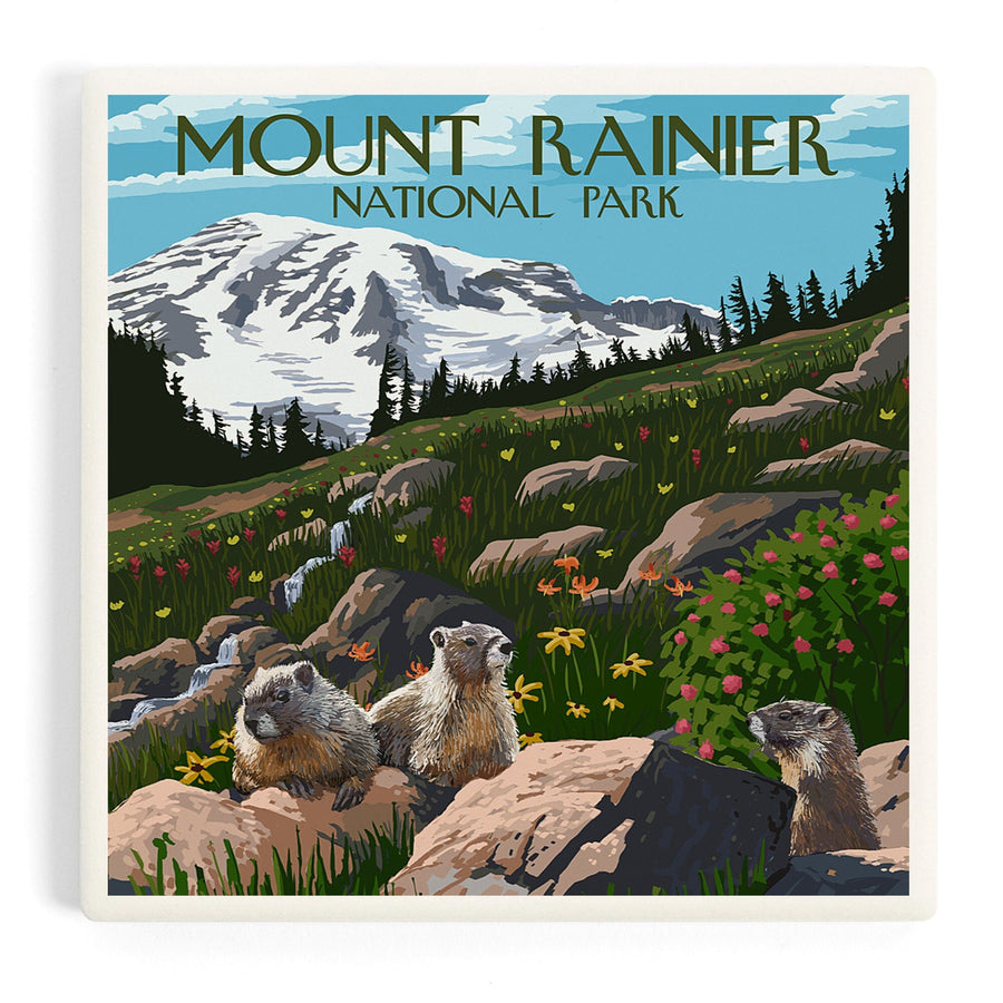 Mount Rainier National Park, Washington, Meadow and Marmots, Coasters Coasters Lantern Press 