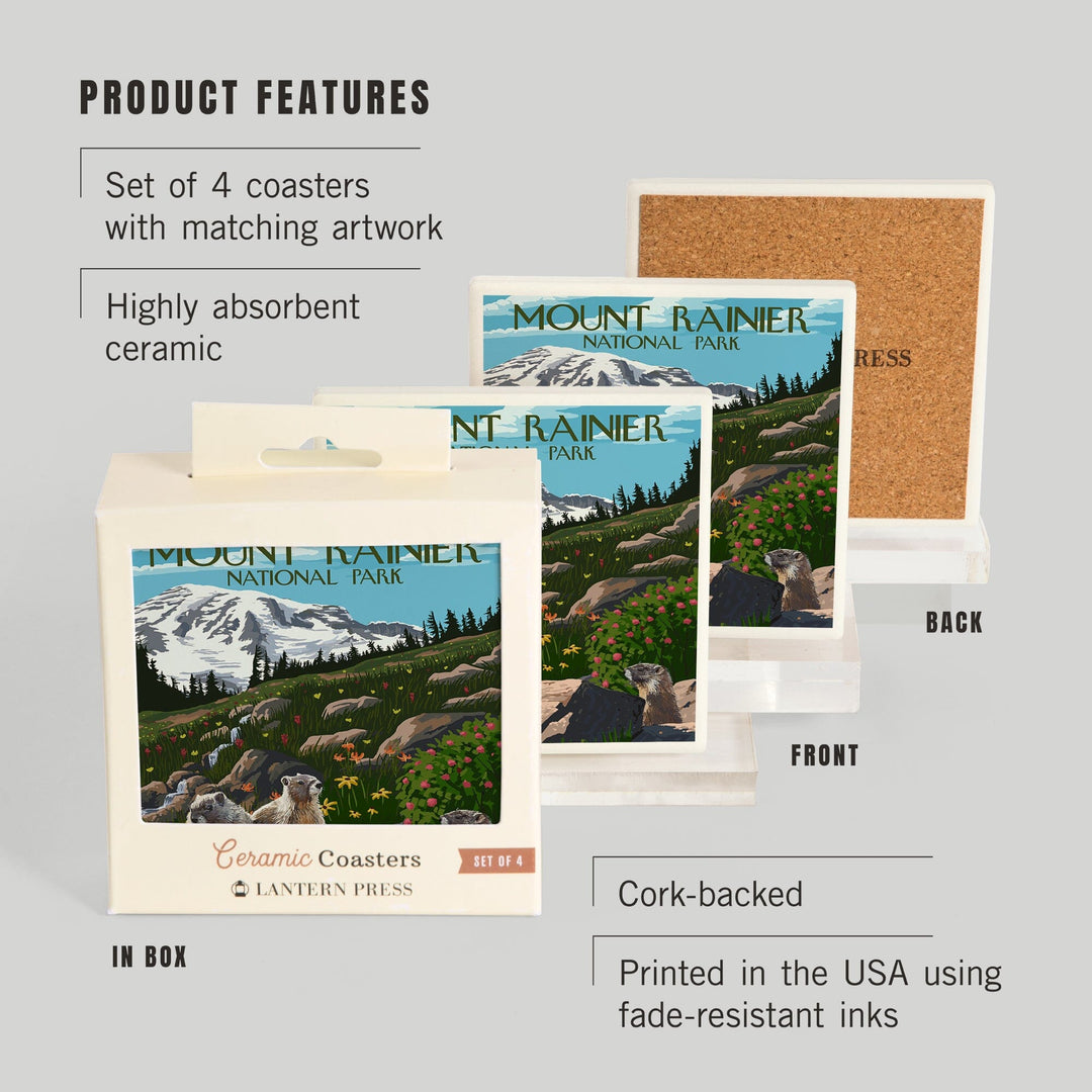 Mount Rainier National Park, Washington, Meadow and Marmots, Coasters Coasters Lantern Press 