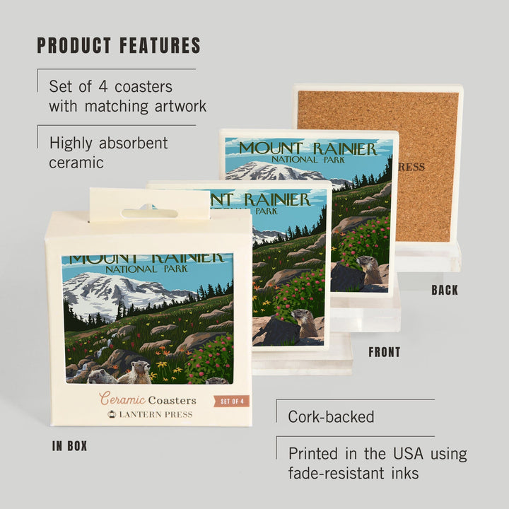 Mount Rainier National Park, Washington, Meadow and Marmots, Coasters Coasters Lantern Press 
