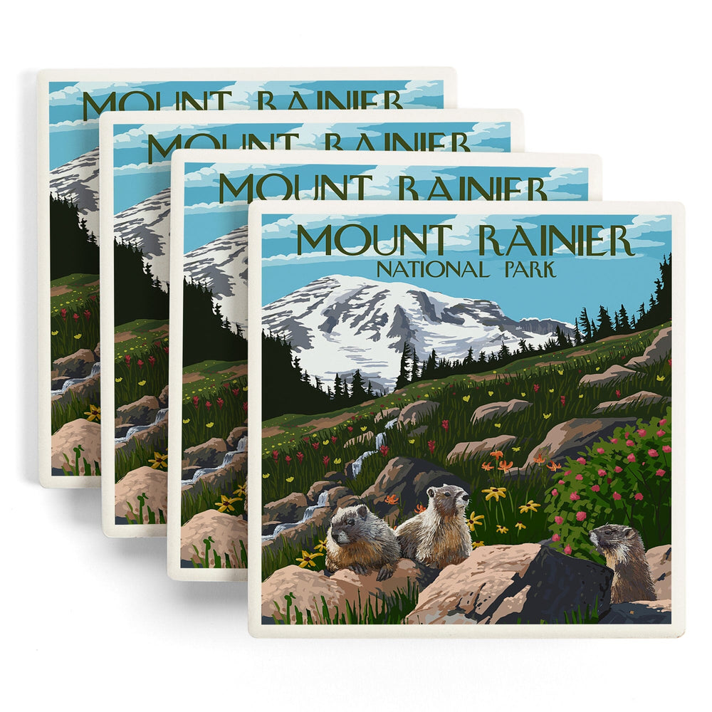 Mount Rainier National Park, Washington, Meadow and Marmots, Coasters Coasters Lantern Press 