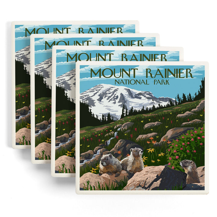 Mount Rainier National Park, Washington, Meadow and Marmots, Coasters Coasters Lantern Press 