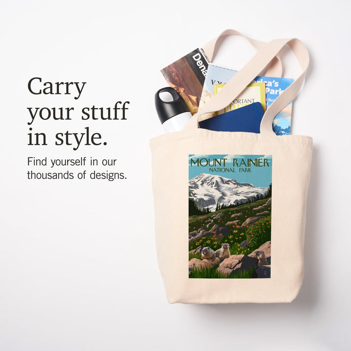 Mount Rainier National Park, Washington, Meadow and Marmots, Tote Bag Totes Lantern Press 