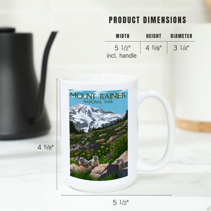 Mount Rainier National Park, Washington, Meadow & Marmots, Lantern Press Artwork, Ceramic Mug Mugs Lantern Press 