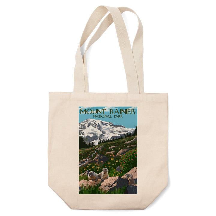 Mount Rainier National Park, Washington, Meadow & Marmots, Lantern Press Artwork, Tote Bag Totes Lantern Press 
