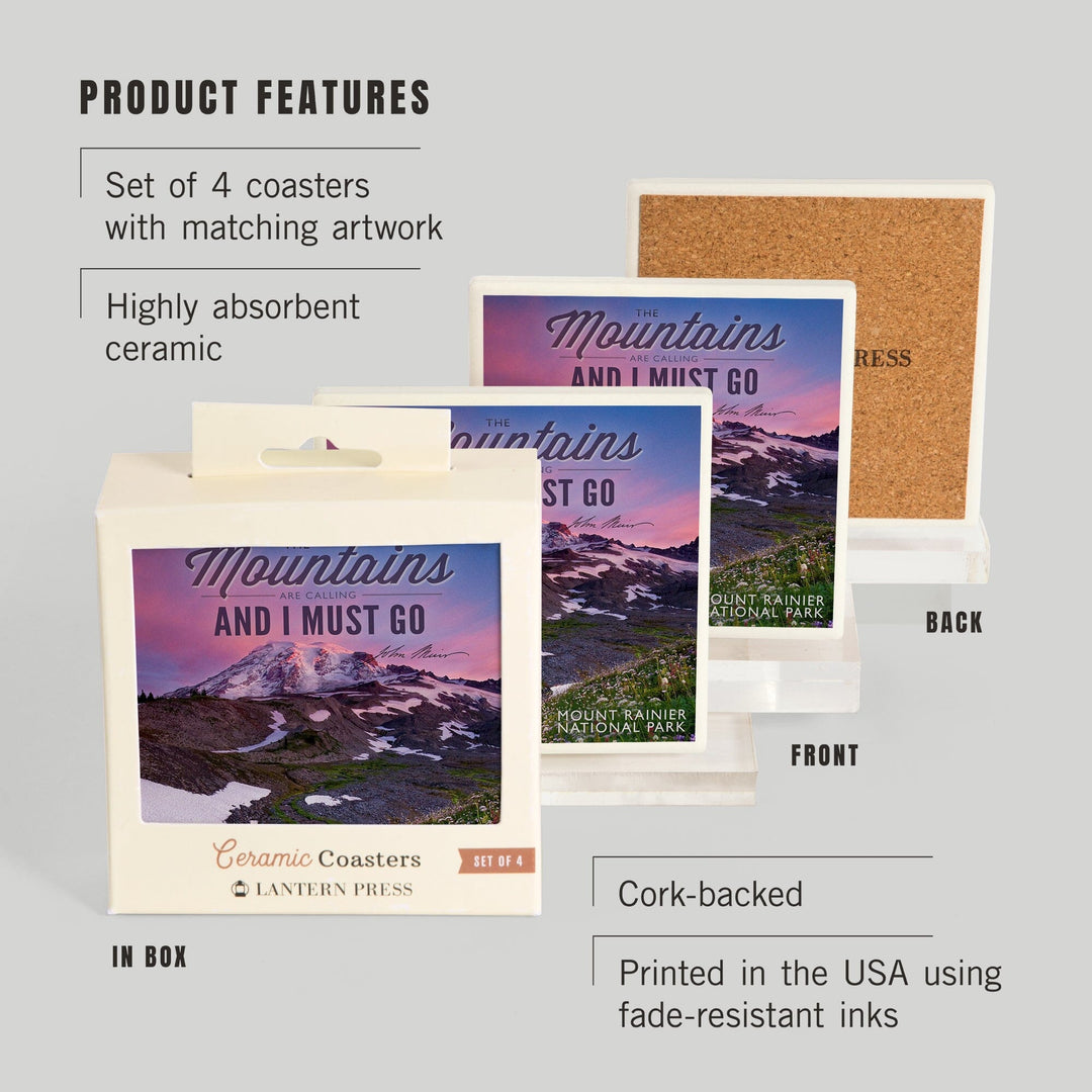Mount Rainier National Park, Washington, Mountains are Calling and I Must Go Press, Coasters Coasters Lantern Press 