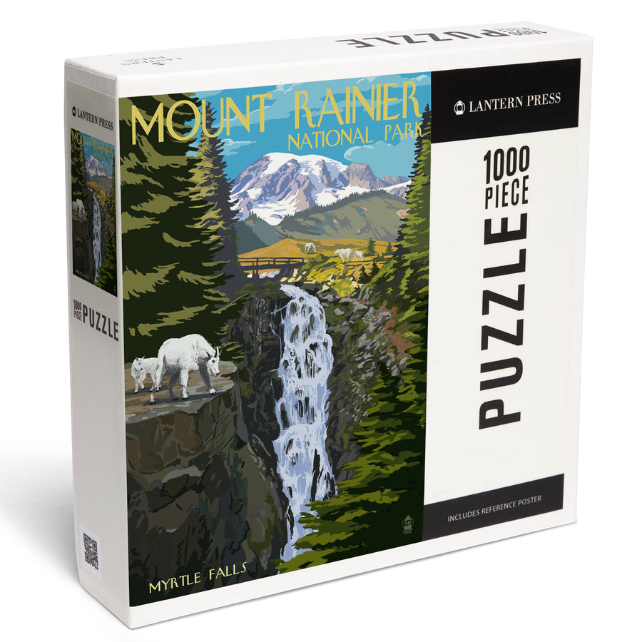 Mount Rainier National Park, Washington, Myrtle Falls and Mountain Goats, Jigsaw Puzzle Puzzle Lantern Press 