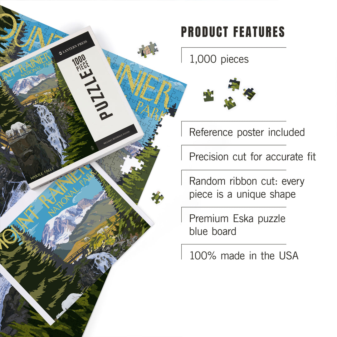 Mount Rainier National Park, Washington, Myrtle Falls and Mountain Goats, Jigsaw Puzzle Puzzle Lantern Press 