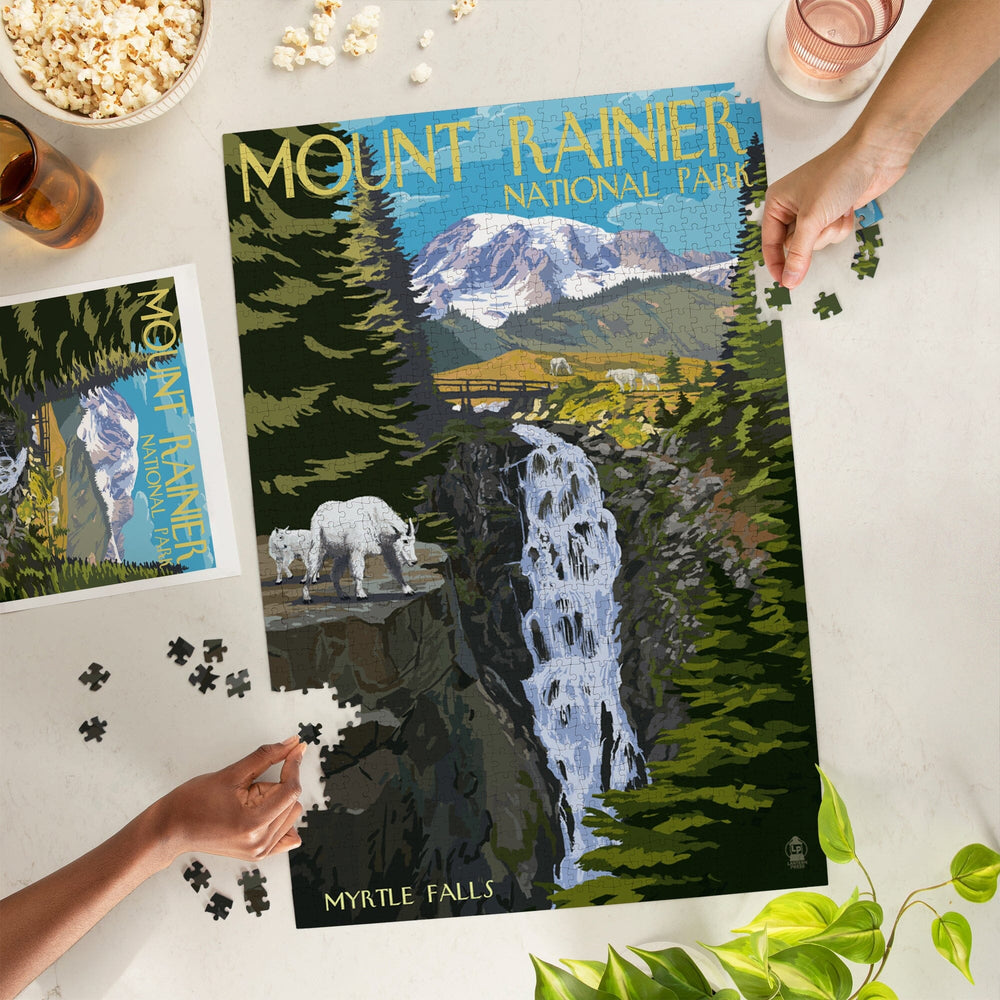 Mount Rainier National Park, Washington, Myrtle Falls and Mountain Goats, Jigsaw Puzzle Puzzle Lantern Press 