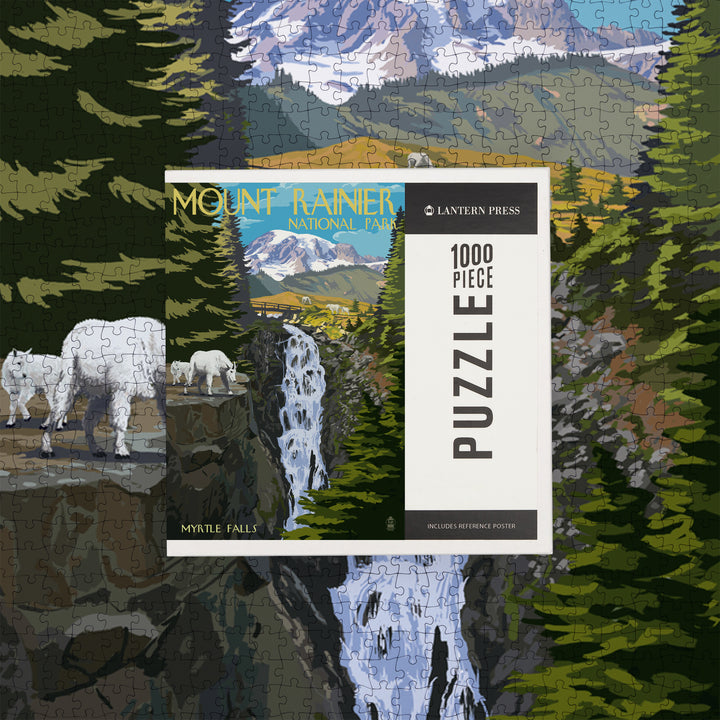 Mount Rainier National Park, Washington, Myrtle Falls and Mountain Goats, Jigsaw Puzzle Puzzle Lantern Press 