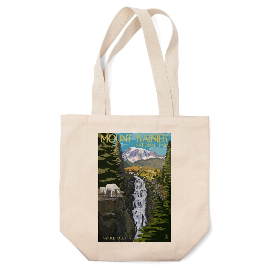Mount Rainier National Park, Washington, Myrtle Falls & Mountain Goats, Lantern Press Artwork, Tote Bag Totes Lantern Press 