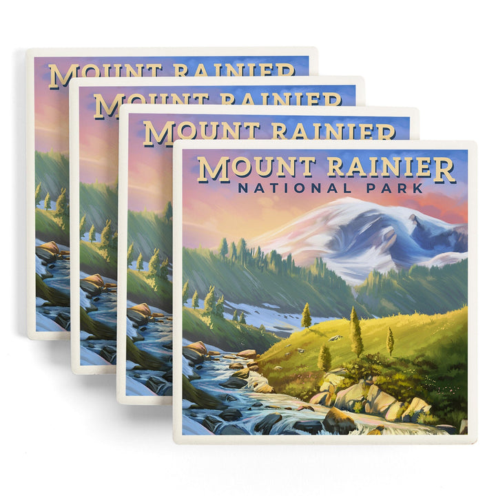 Mount Rainier National Park, Washington, Oil Painting, Coasters Coasters Lantern Press 