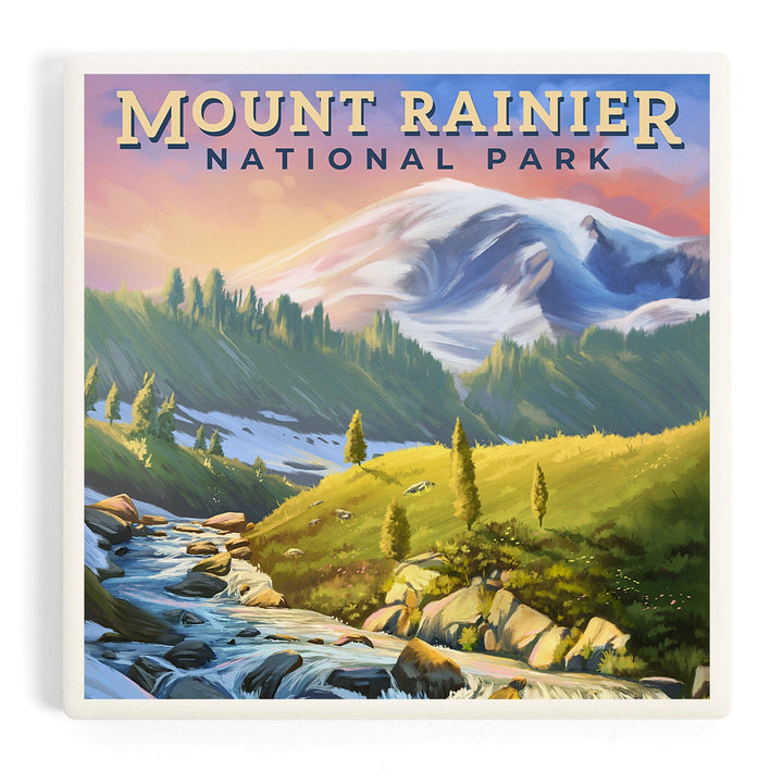 Mount Rainier National Park, Washington, Oil Painting, Coasters Coasters Lantern Press 