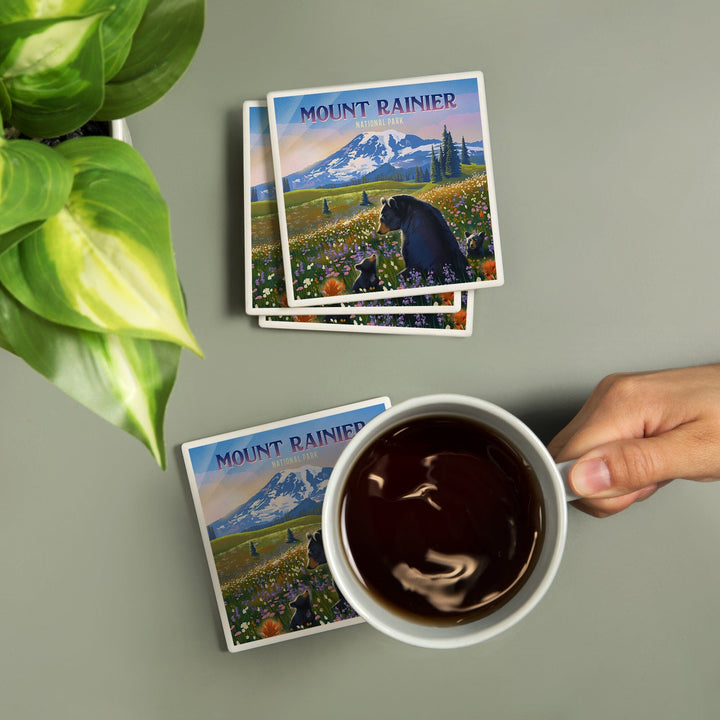 Mount Rainier National Park, Washington, Painterly, Bear Family in Field, Coasters Coasters Lantern Press 