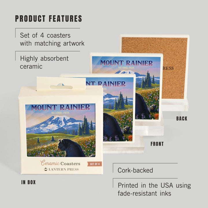 Mount Rainier National Park, Washington, Painterly, Bear Family in Field, Coasters Coasters Lantern Press 