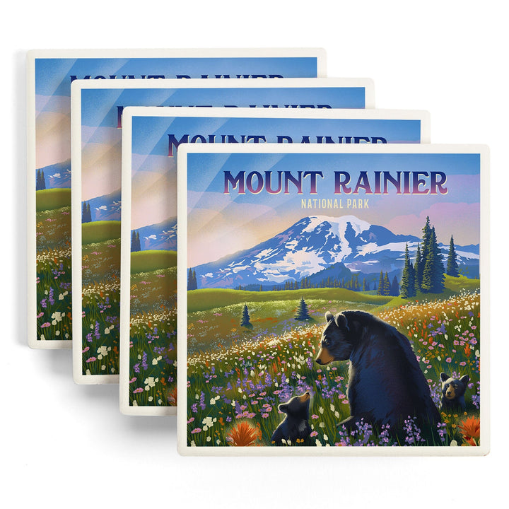 Mount Rainier National Park, Washington, Painterly, Bear Family in Field, Coasters Coasters Lantern Press 