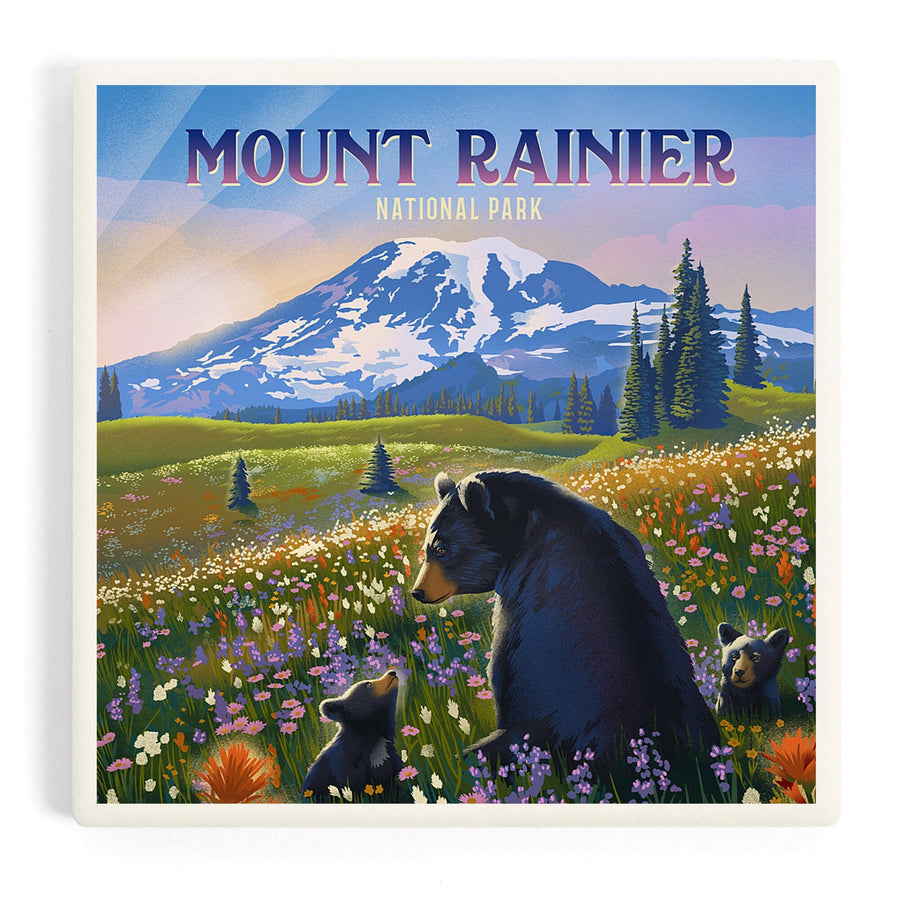 Mount Rainier National Park, Washington, Painterly, Bear Family in Field, Coasters Coasters Lantern Press 