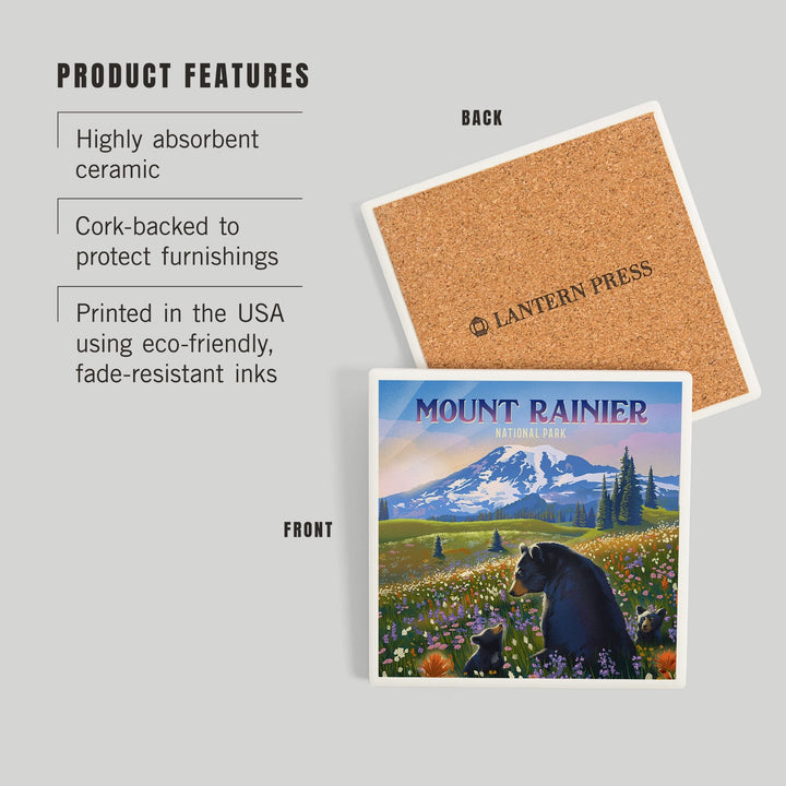 Mount Rainier National Park, Washington, Painterly, Bear Family in Field, Coasters Coasters Lantern Press 