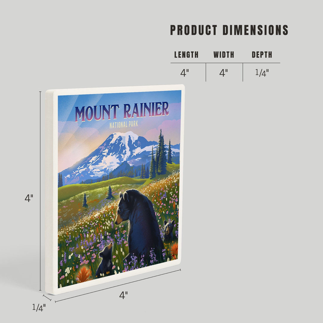 Mount Rainier National Park, Washington, Painterly, Bear Family in Field, Coasters Coasters Lantern Press 