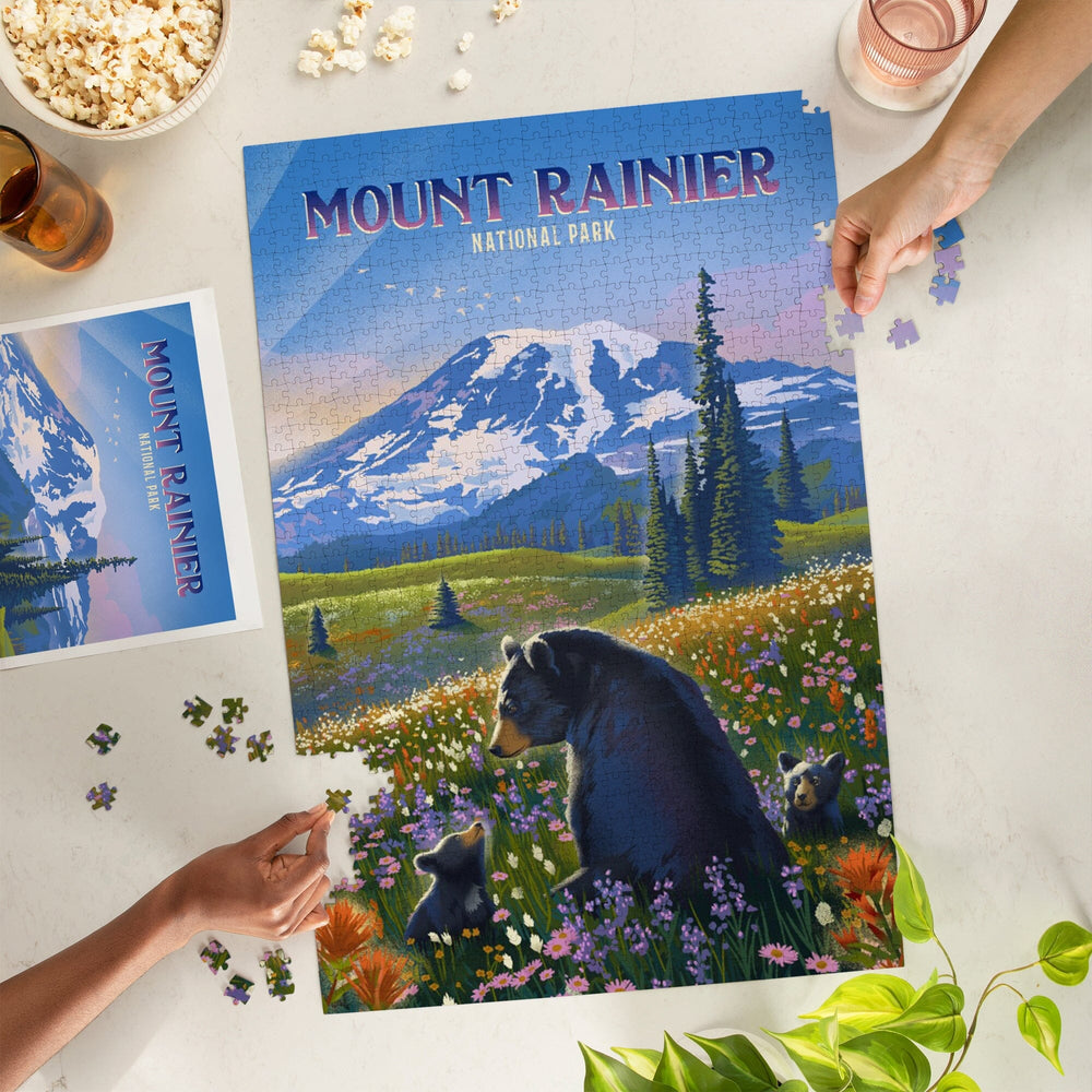 Mount Rainier National Park, Washington, Painterly, Bear Family in Field, Jigsaw Puzzle Puzzle Lantern Press 