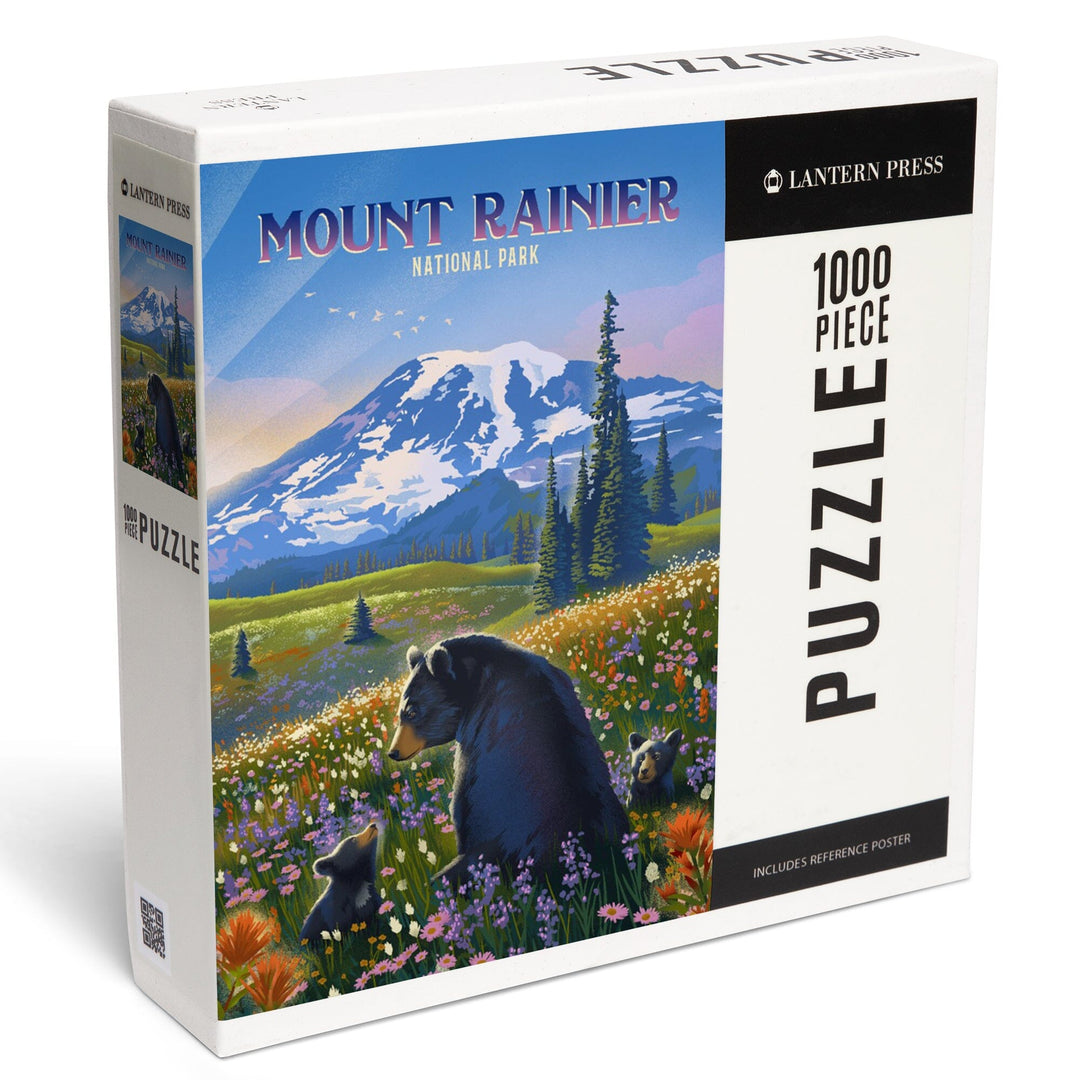 Mount Rainier National Park, Washington, Painterly, Bear Family in Field, Jigsaw Puzzle Puzzle Lantern Press 