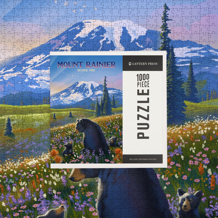 Mount Rainier National Park, Washington, Painterly, Bear Family in Field, Jigsaw Puzzle Puzzle Lantern Press 